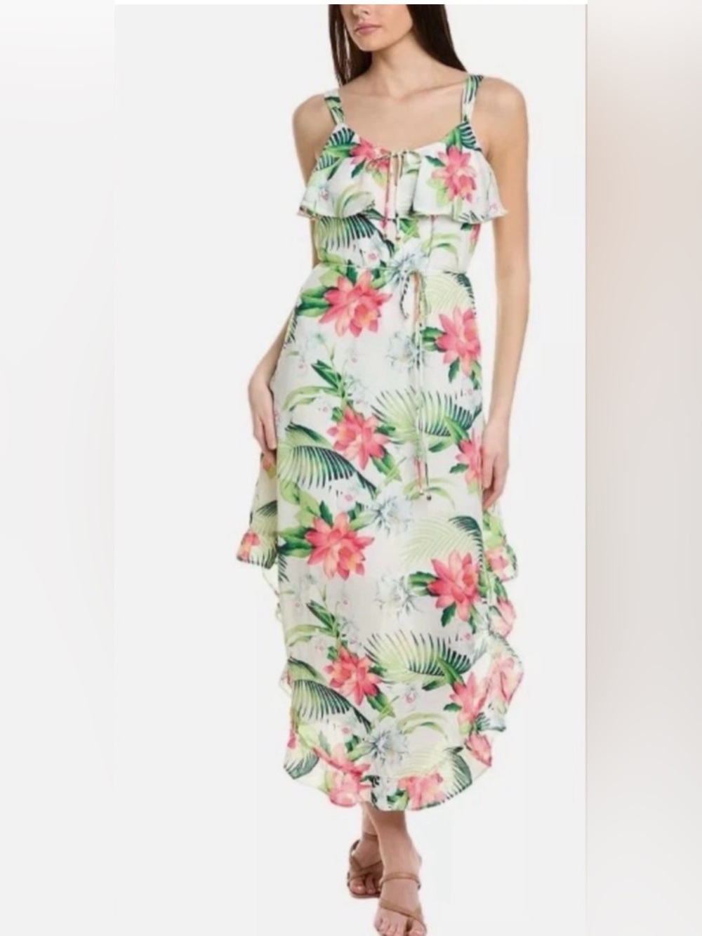 Tropical Floral Print Ruffle Dress White / Multi